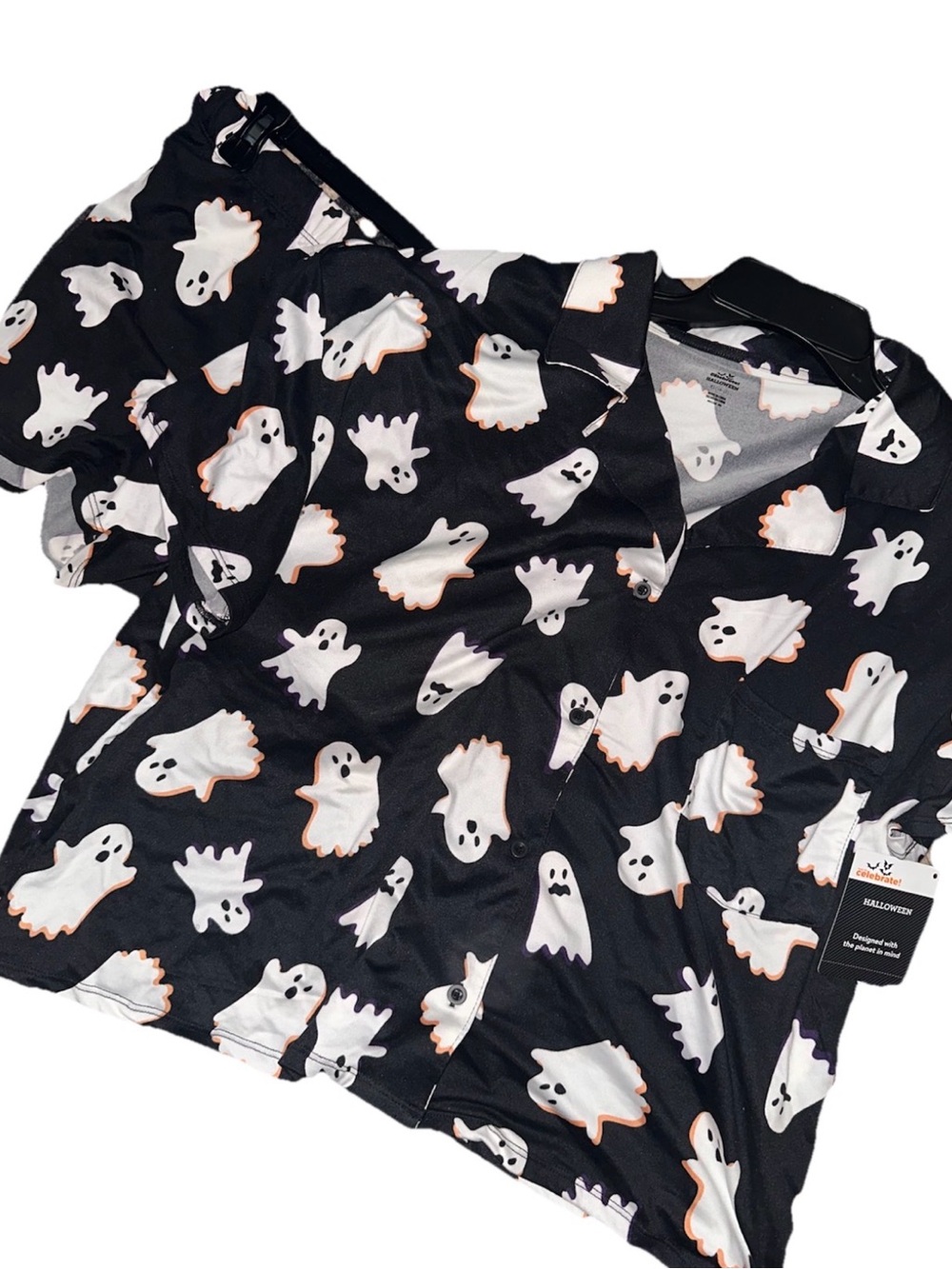 Ghost Print Short-Sleeve Pajama Top and Pants Set Black XL(16-18)